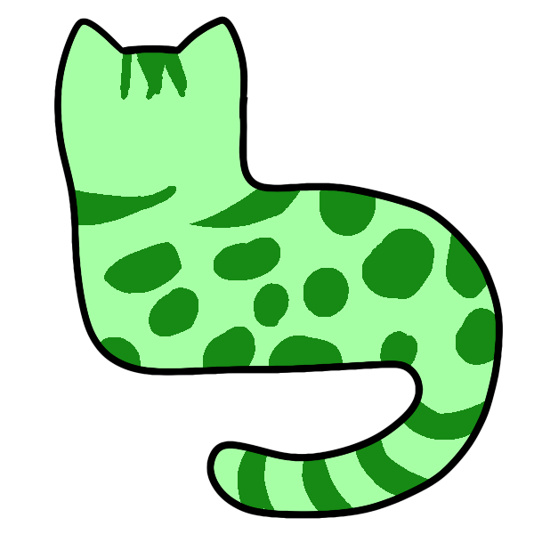 green silhouette of a cat lying down with its head up and tail curved below. it has dark spots and a few stripes